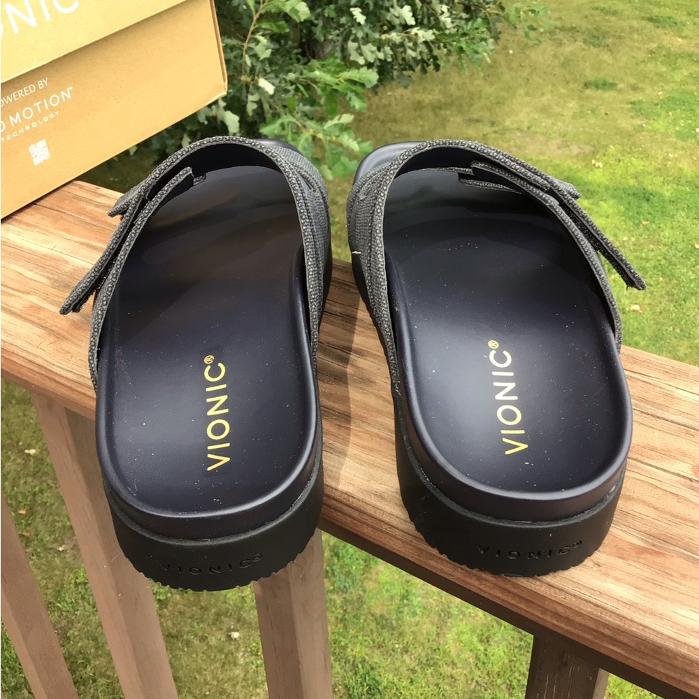 Black and Gray Slide Sandals with adjustable Velcro closure. NIB never worn. - Picture 2 of 5